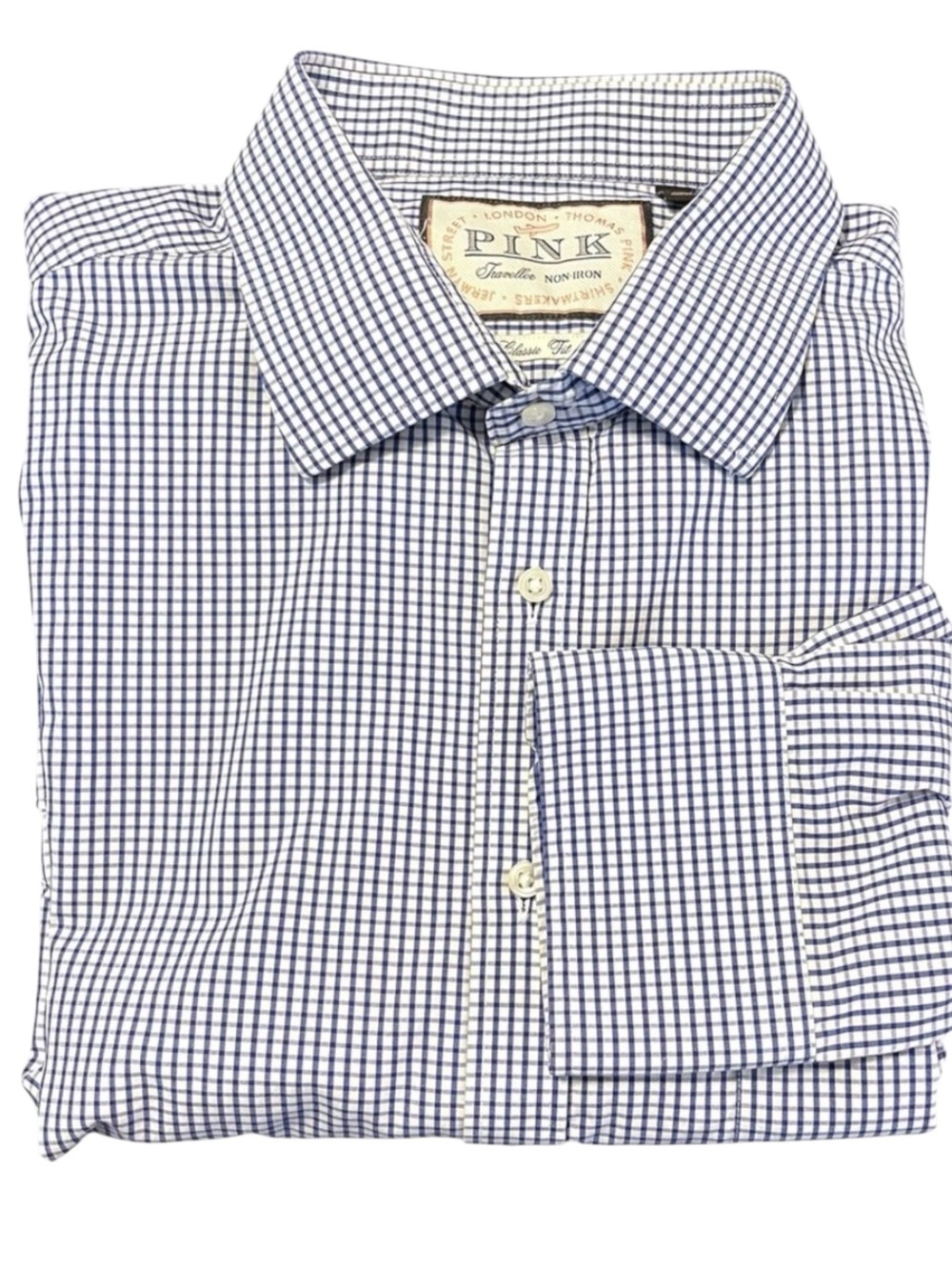 Thomas Pink Navy/White Check Cotton Classic Fit Button Up Shirt (18-35.5)
